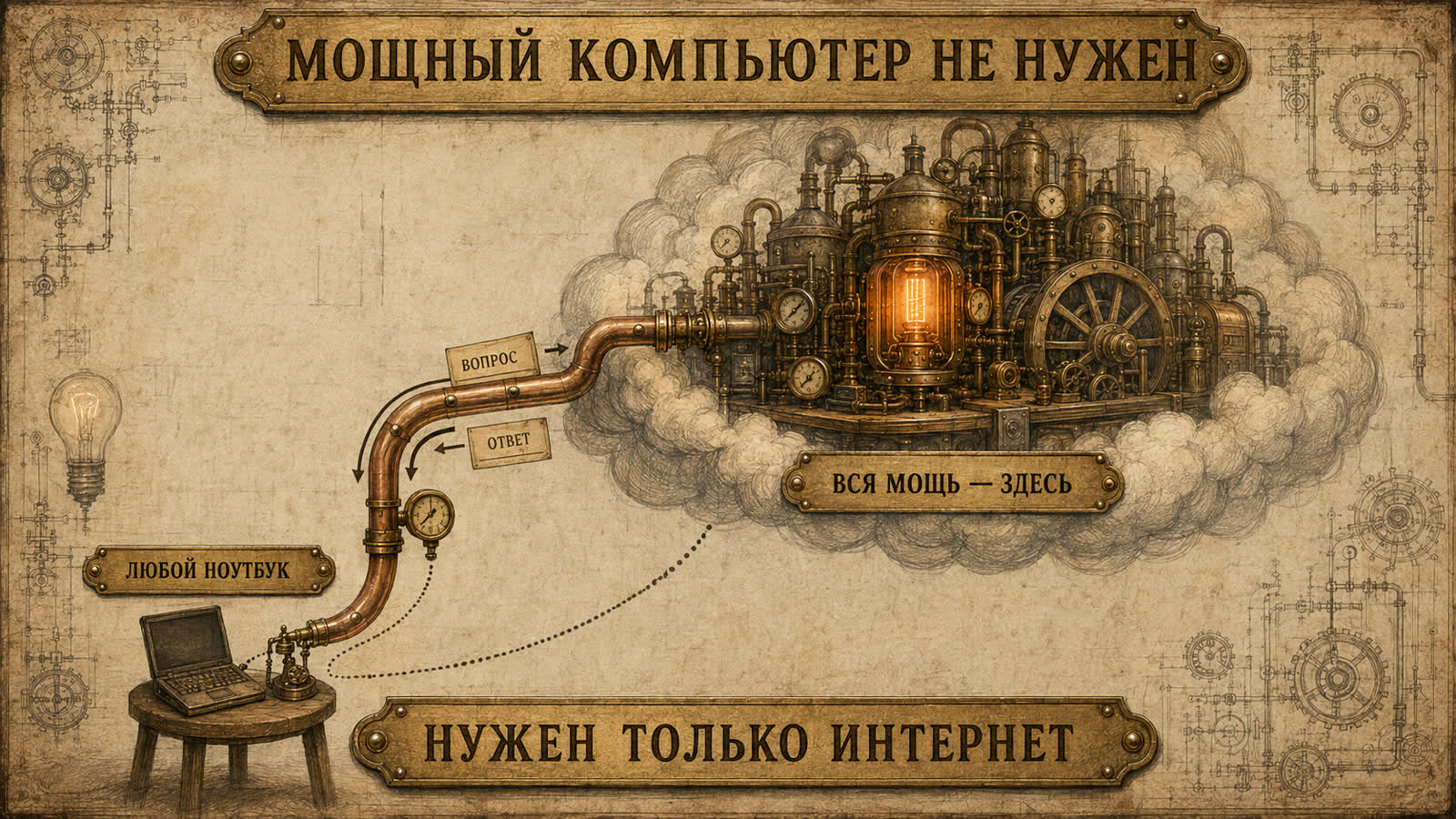Мощный компьютер не нужен: вся мощь — в облаке, любому ноутбуку нужен только интернет