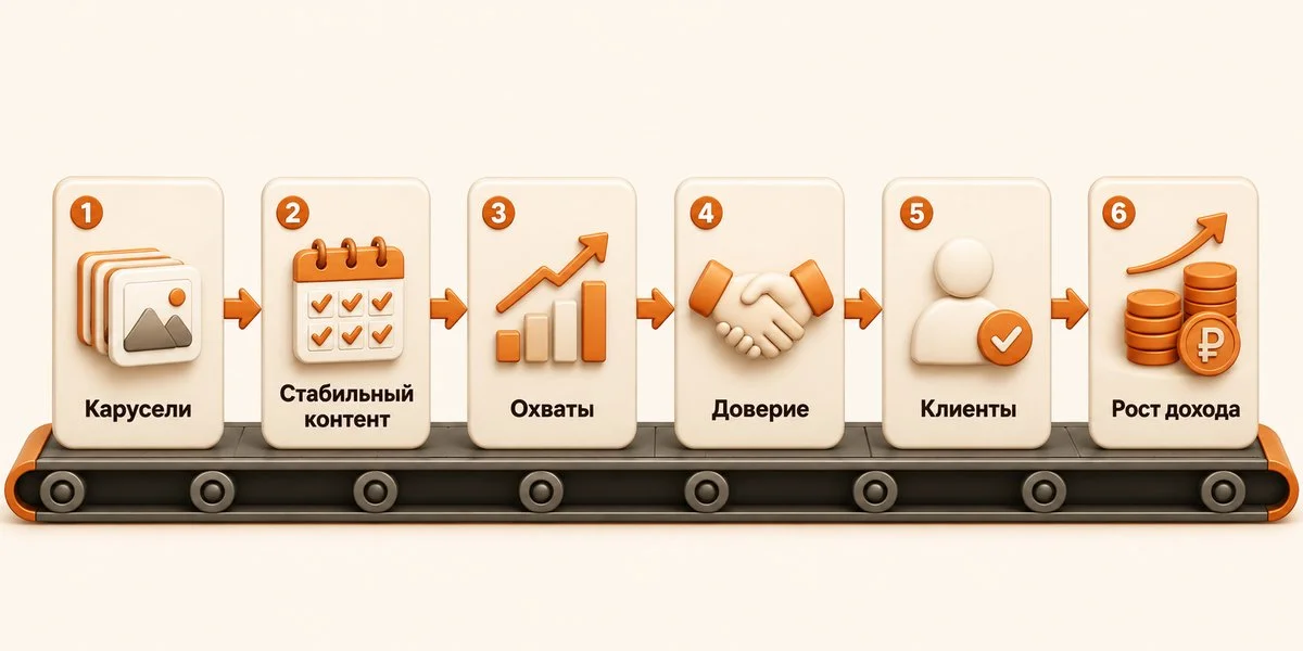 Карусели → стабильный контент → охваты → доверие → клиенты → рост дохода